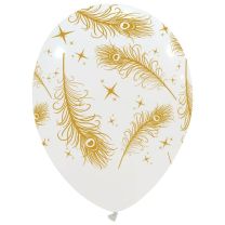 Gold Feathers on White Afflotex 12" Latex Balloons 25Ct